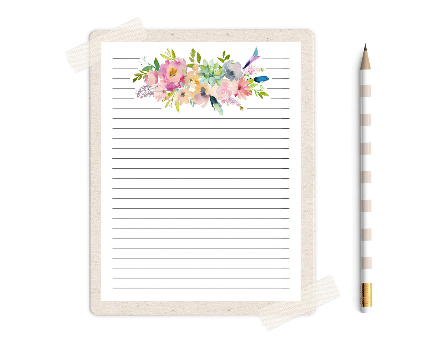 Bohemian Floral Bouquet Unlined & Lined Stationery Set Printable - Digital Download