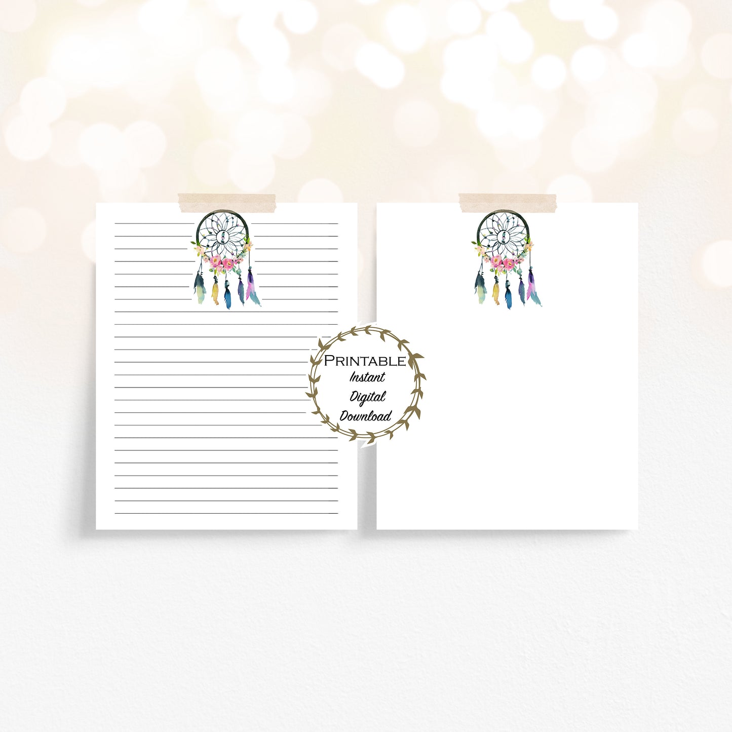 Boho Unlined & Lined Stationery Set - Florals, Skull, Dreamcatcher Printable - Digital Download