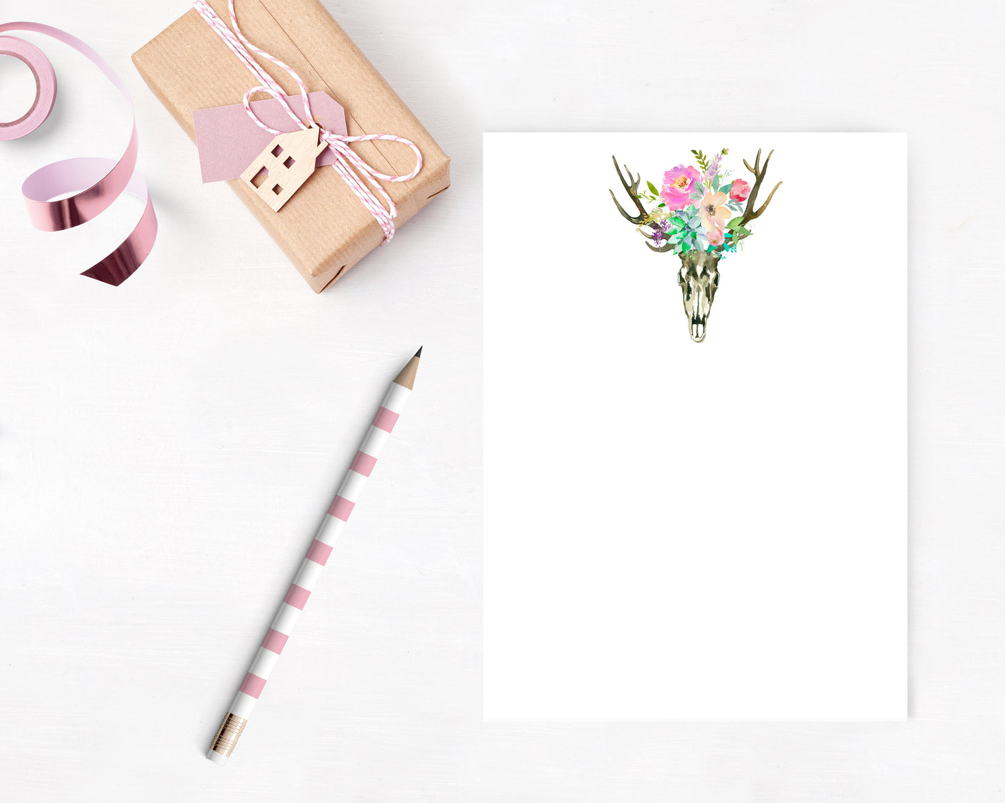 Boho Unlined & Lined Stationery Set - Florals, Skull, Dreamcatcher Printable - Digital Download
