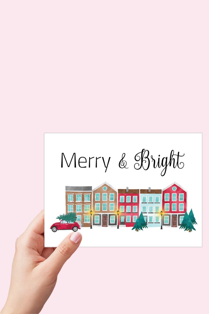 Merry and Bright Watercolor Row House Holiday Card Printable - Digital Download