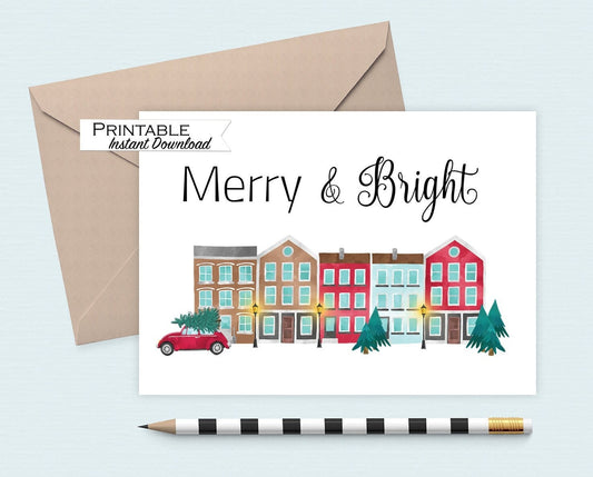 Merry and Bright Watercolor Row House Holiday Card Printable - Digital Download
