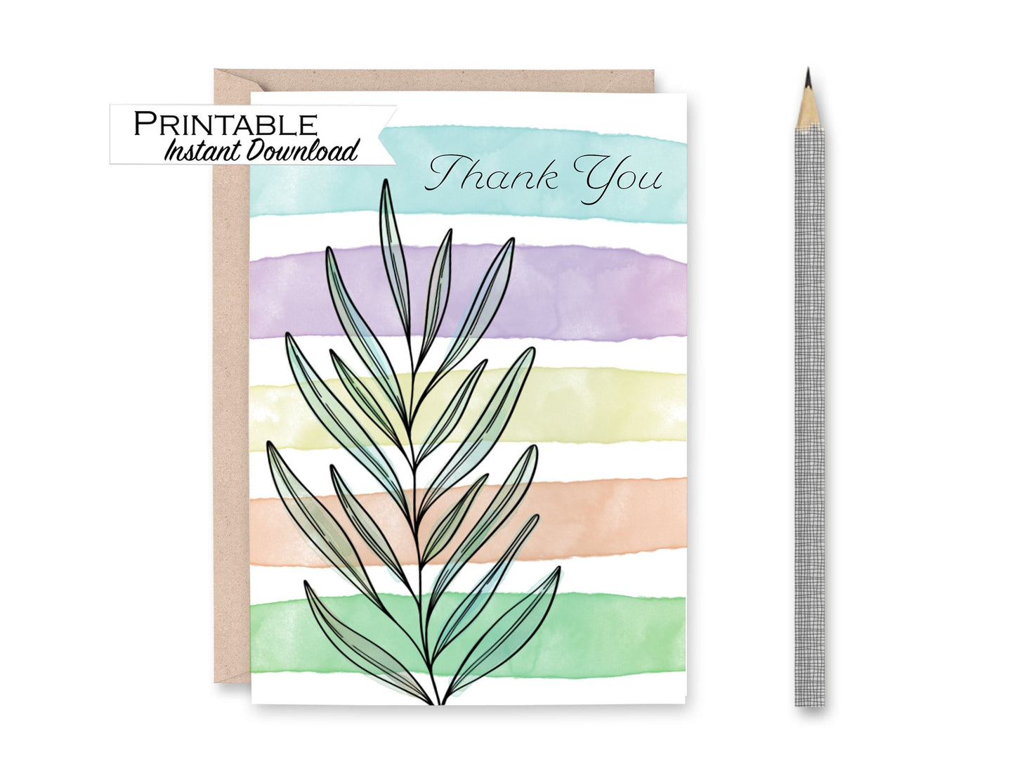 Watercolor Stripes Floral Thank you Card