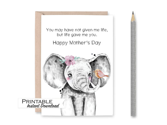 Bonus Mom Elephant Mothers Day Card Printable, Stepmom or Mother in Law Gift, Adoption Mom Instant Download