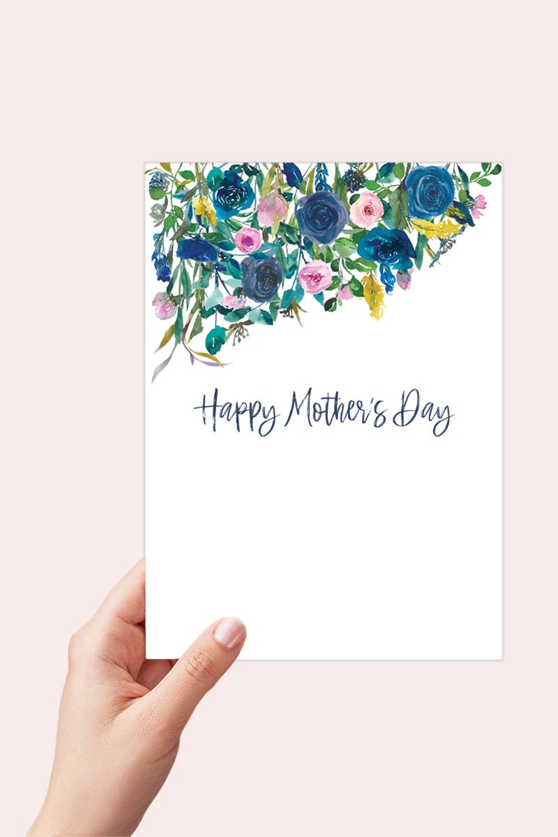 Navy Blue Floral Drop Mothers Day Card Printable, Card for Mom Instant Download