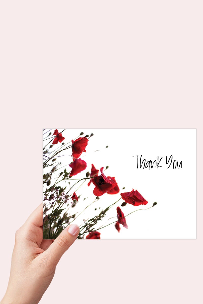 California Poppy Thank you Card Printable, Red Floral Poppy Art Card Instant Download