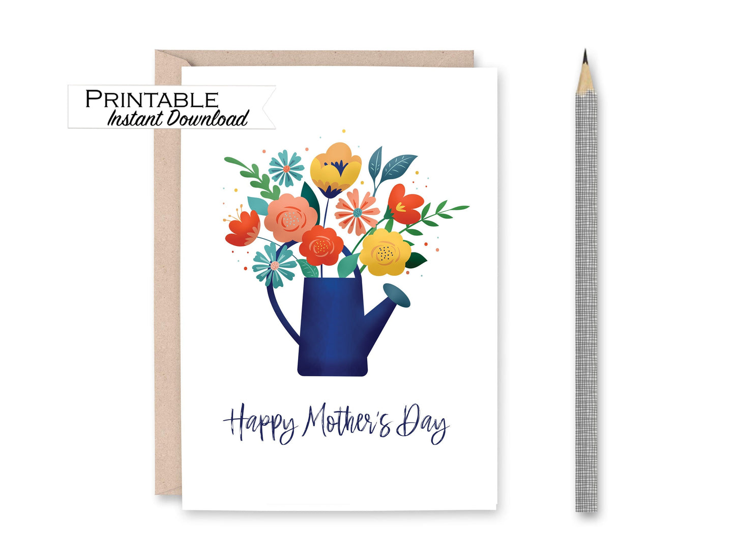 Floral Prints Mothers Day Card Printable, Gardening Gift for Mom, Flower Watering Can Card Instant Download