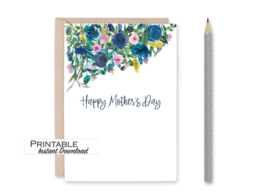 Navy Blue Floral Drop Mothers Day Card Printable, Card for Mom Instant Download