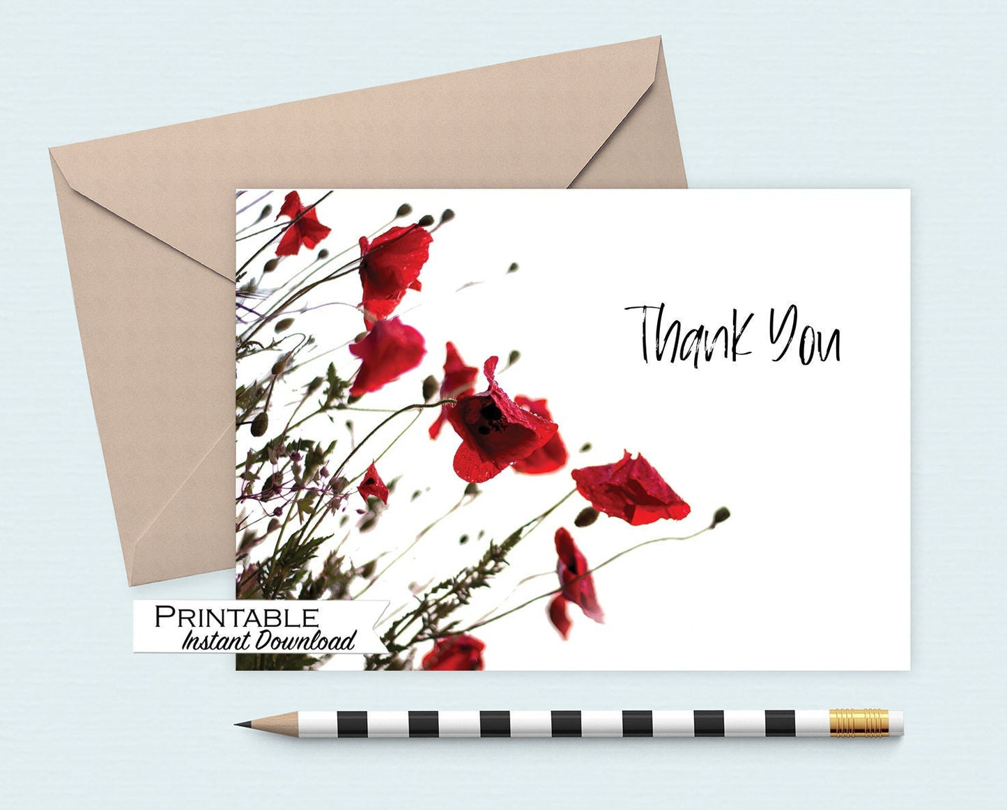 California Poppy Thank you Card Printable, Red Floral Poppy Art Card Instant Download