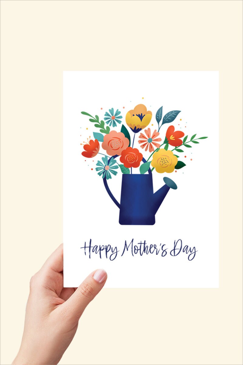 Floral Prints Mothers Day Card Printable, Gardening Gift for Mom, Flower Watering Can Card Instant Download