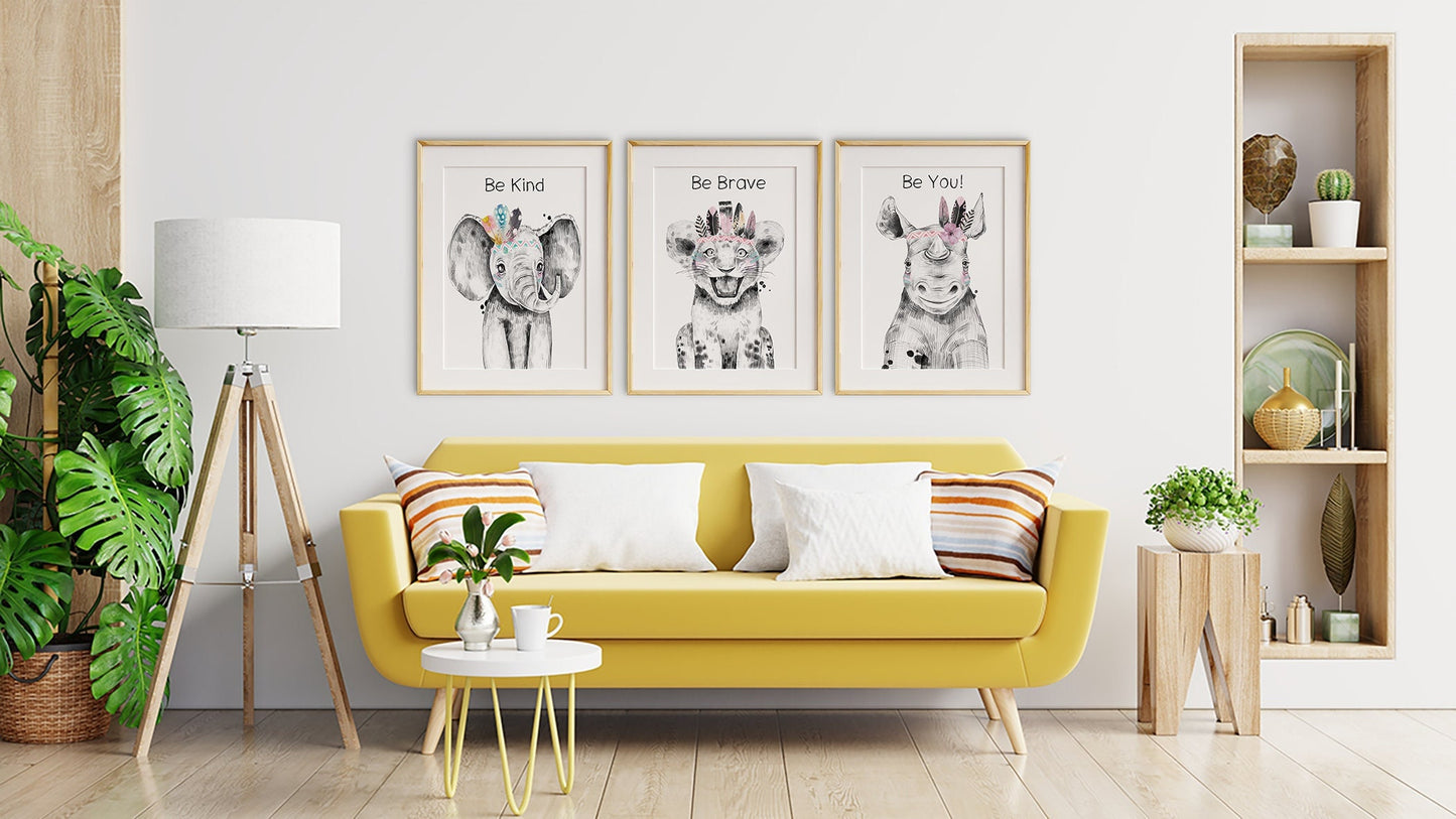 Boho Wall Decor, 3 Piece Wall Art Printable - Be Kind, Be Brave, Be You, Animal Nursery Decor