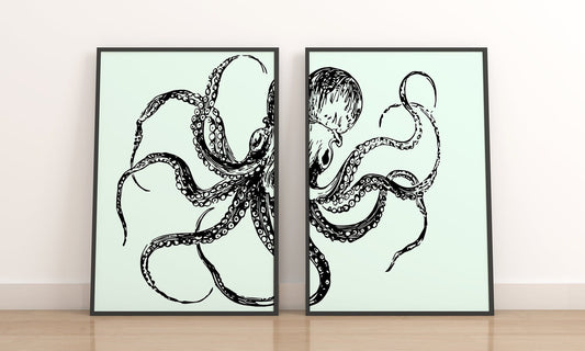 Octopus Art Printable, Marine Biology Octopus Decor - 2 Piece Wall Art