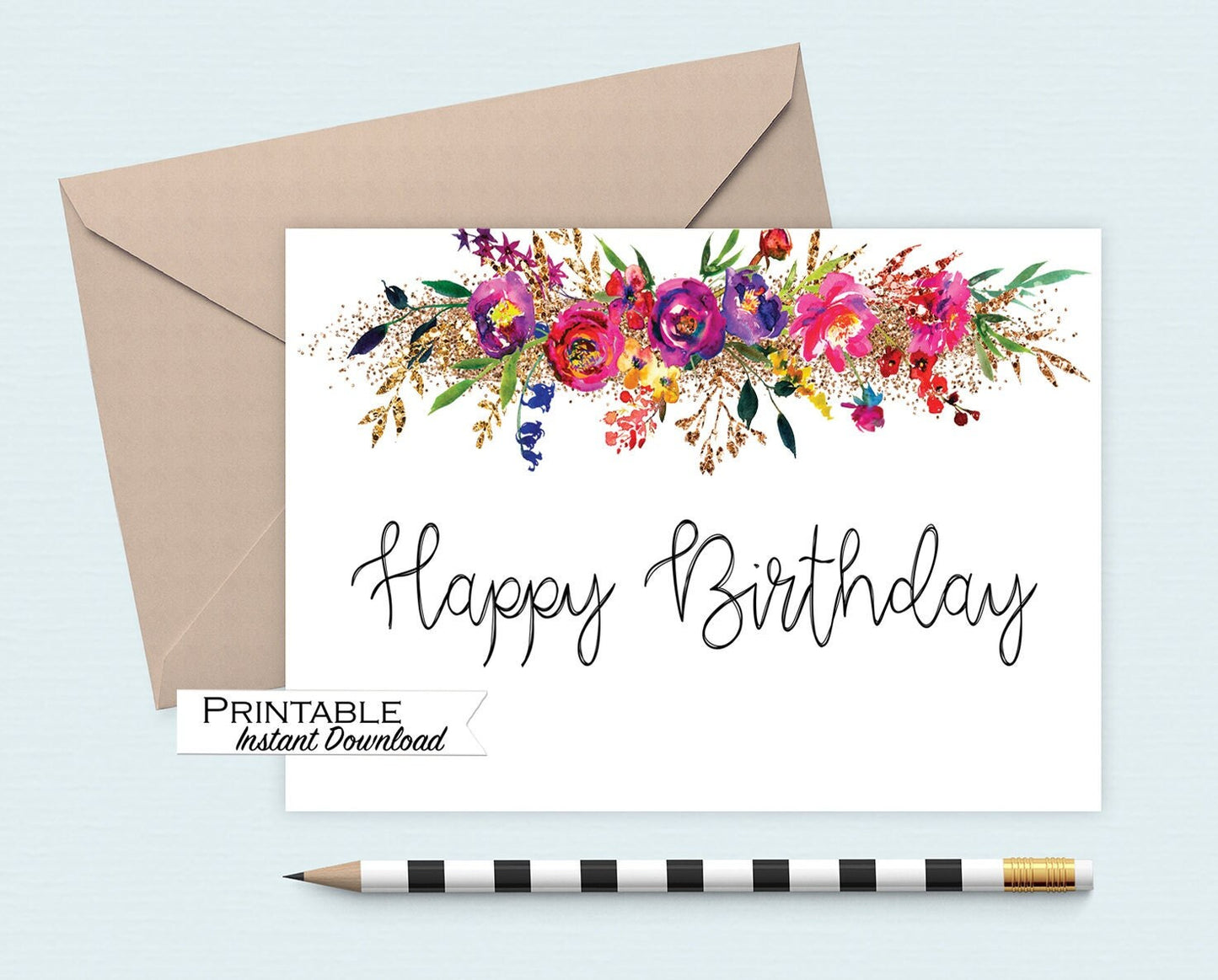 Bohemian Floral Happy Birthday Card Printable