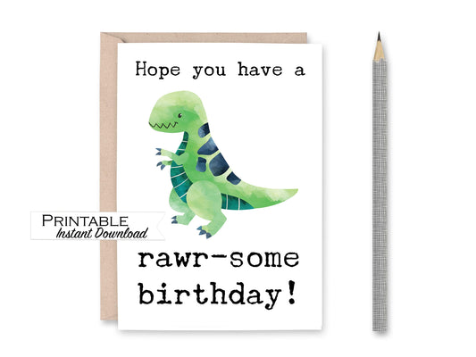 Dinosaur Birthday Printable Card, Have a Rawr-some Birthday Instant Download Card, T-rex Watercolor Children Birthday Card