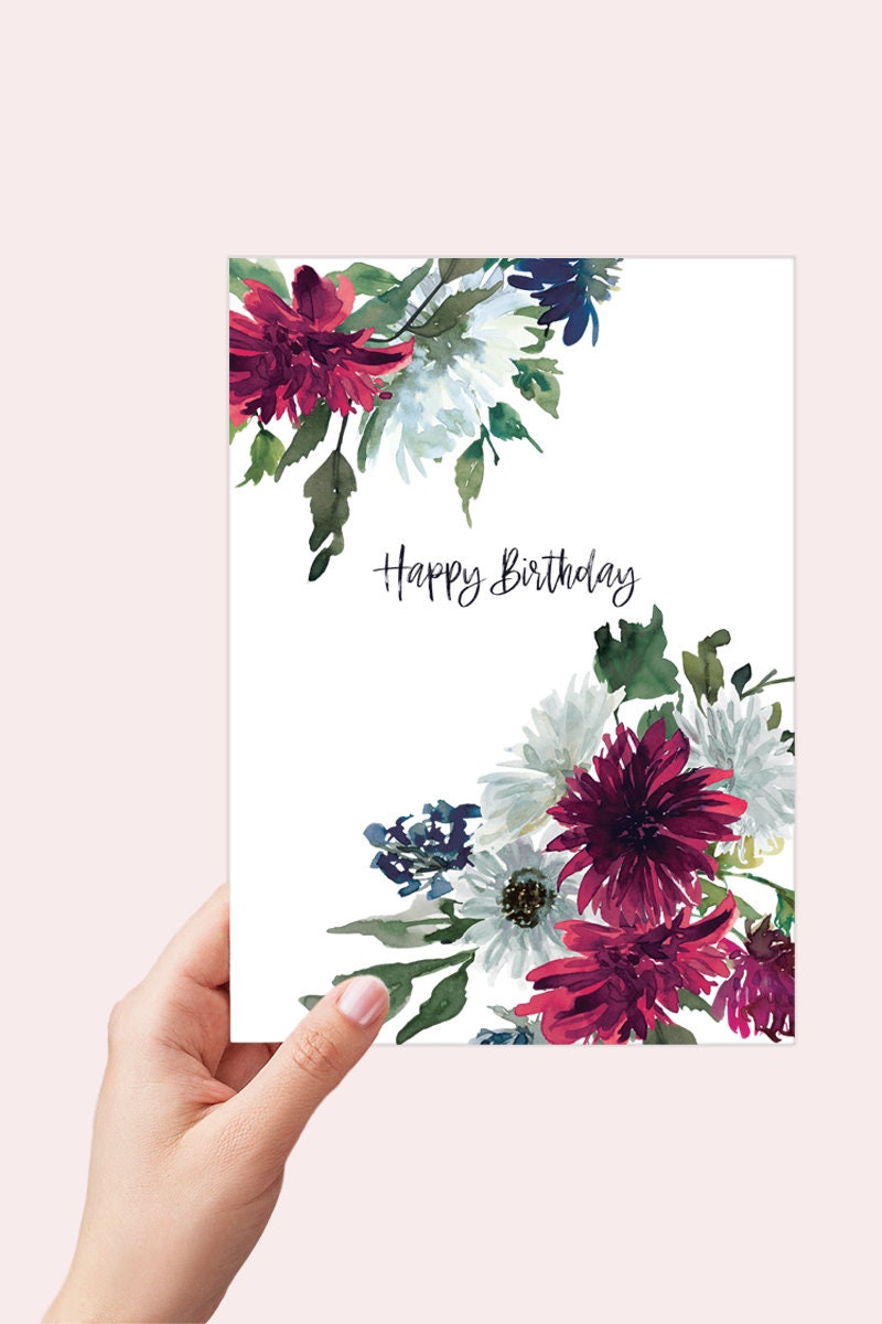 Floral Birthday Card Printable, Red White and Blue Watercolor Flowers, 60th Birthday Card for Her, Happy Birthday Instant Download Card