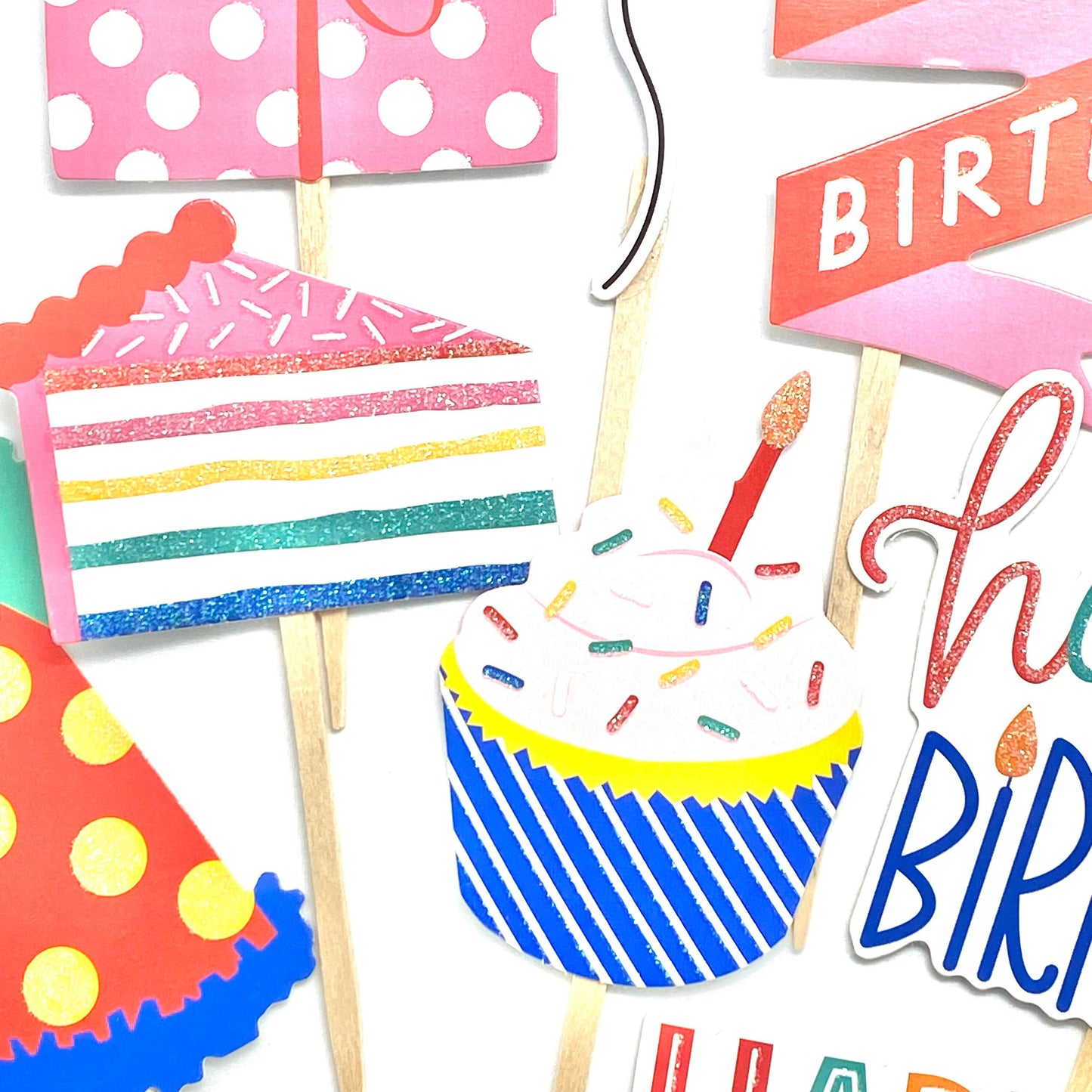 Birthday Cake Toppers, Happy Birthday Cupcake Toppers, Primary Colors Birthday Party Decor - Party Hats, Balloons, Presents Sticker Set