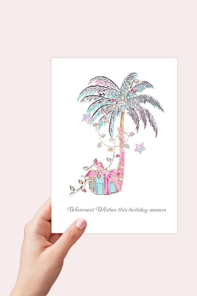 Warmest Wishes Tropical Holiday Card, Cute Christmas Card, Pink Christmas, Beachy Vibes, Happy Holidays, Tropical Palm Tree Card for Her