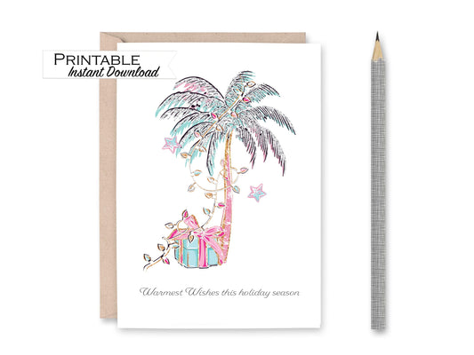 Warmest Wishes Tropical Holiday Card, Cute Christmas Card, Pink Christmas, Beachy Vibes, Happy Holidays, Tropical Palm Tree Card for Her