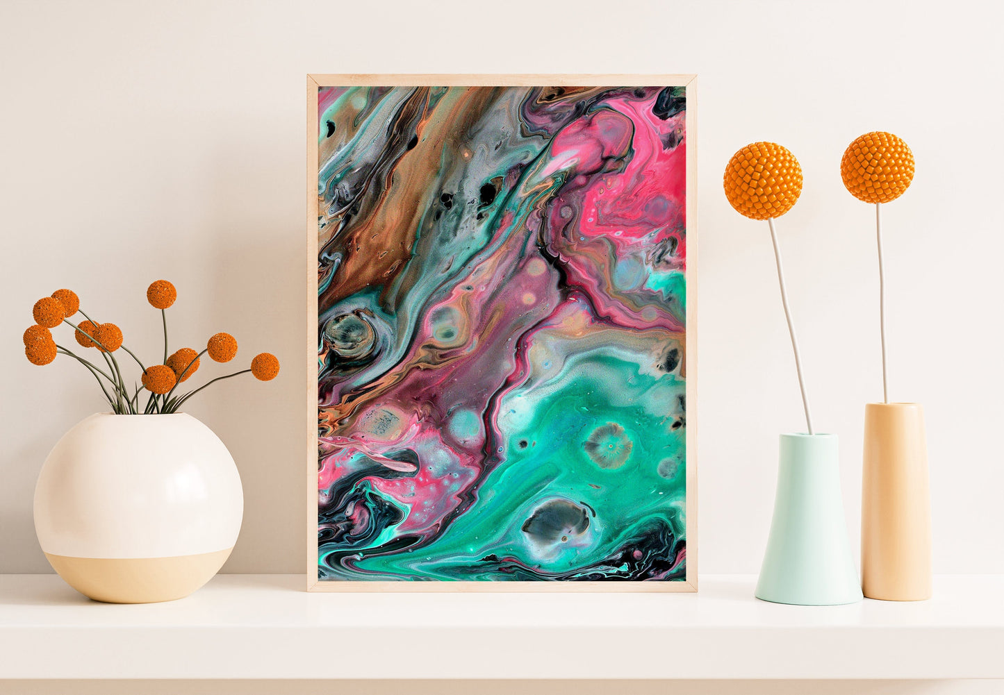 Hot Pink Black and Teal Funky Wall Art Printable, Abstract Marble Art Apartment Decor, Marble Print Watercolor Poster, Modern Wall Art