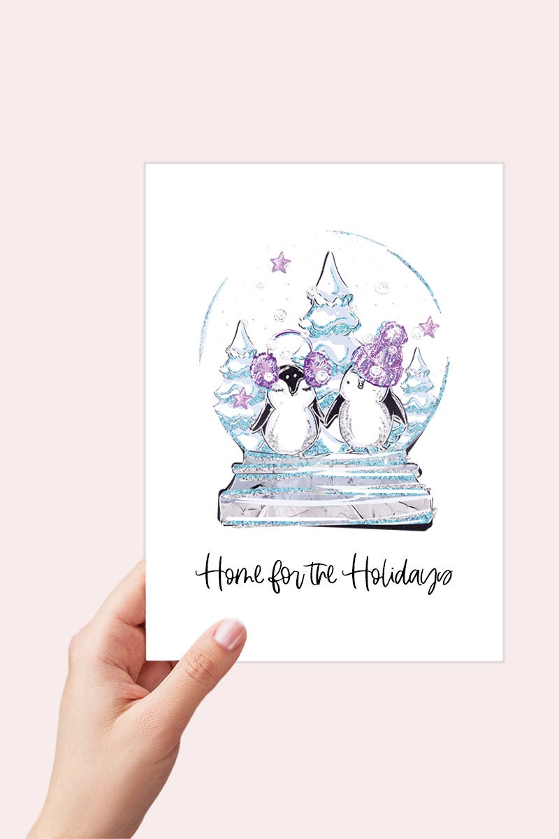 Home for the Holidays Christmas Card, Penguin Snow-globe Card, Our First Home Print at Home Card