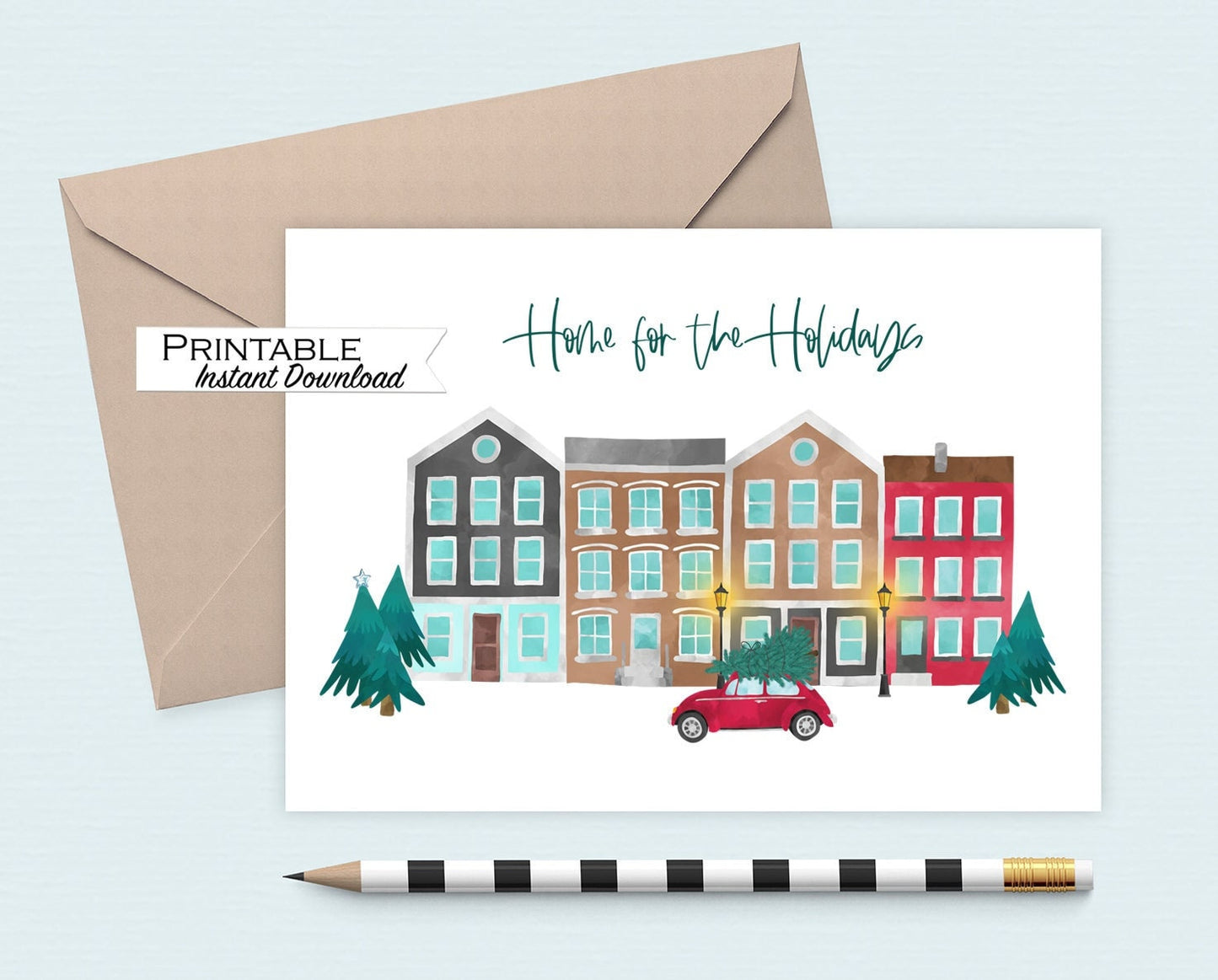 Home for the Holidays Christmas Card Printable, Winter Town Christmas Tree Card, Our First Home Print at Home Card, Merry Christmas from us