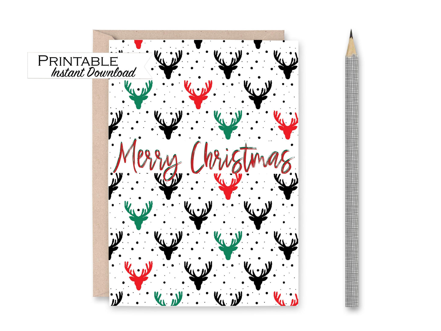 Ugly Christmas Sweater Reindeer Card, Print from Home - Merry Christmas Card, Red Green and Black Deer Repeat Pattern