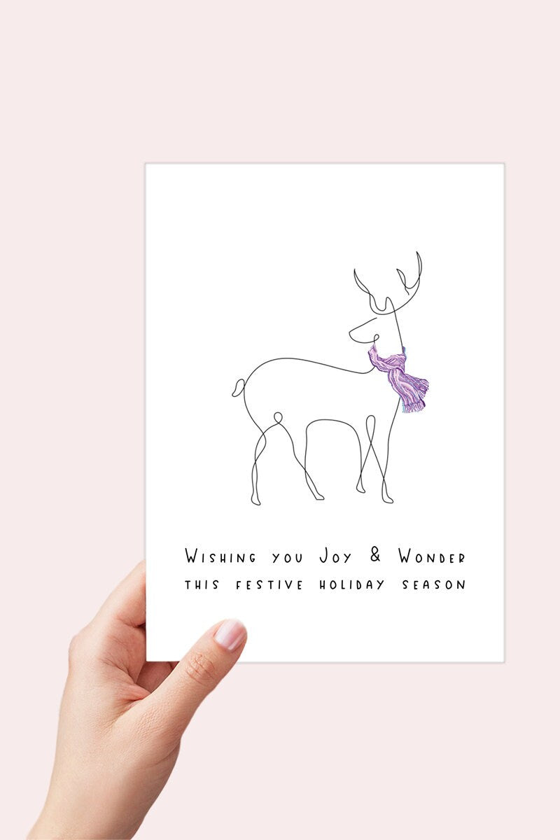Line-Art Deer Minimalist Christmas Card Printable, Deer Holiday Print from Home Card, Wishing you Joy and Wonder this Festive Holiday Season