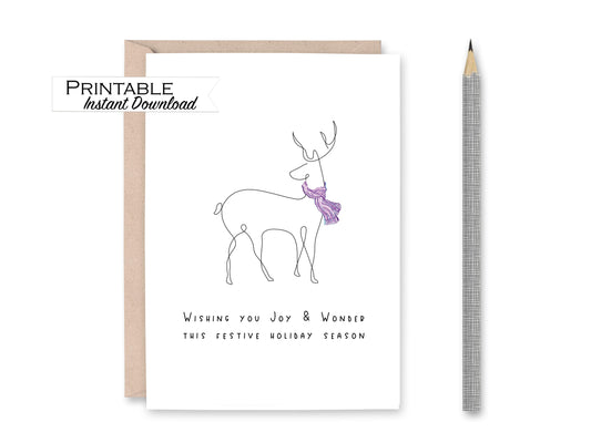 Line-Art Deer Minimalist Christmas Card Printable, Deer Holiday Print from Home Card, Wishing you Joy and Wonder this Festive Holiday Season