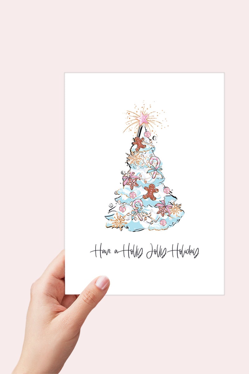 Have a Holly Jolly Holiday Card Printable, Whimsical Christmas Tree Card with Gingerbread Men, Candy-canes, Snowflakes, Blue Pink Christmas