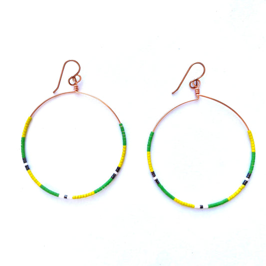 Funky Earrings, Large Hoop Earrings, Green and Yellow Miyuki Bead Earrings, Boho Dainty Hoop Earrings, Bright Seed Bead Hoops, Gifts for Her