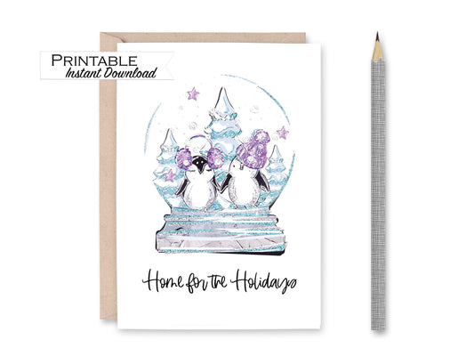 Home for the Holidays Christmas Card, Penguin Snow-globe Card, Our First Home Print at Home Card