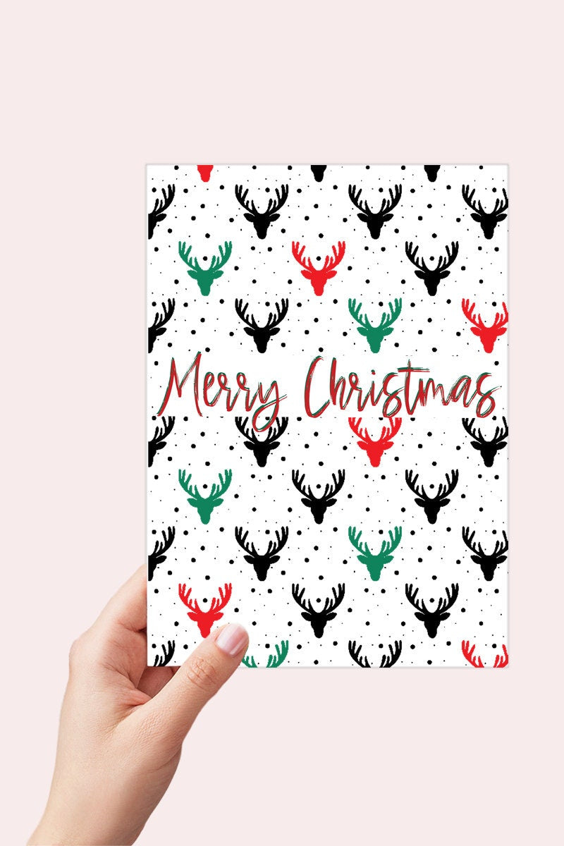 Ugly Christmas Sweater Reindeer Card, Print from Home - Merry Christmas Card, Red Green and Black Deer Repeat Pattern