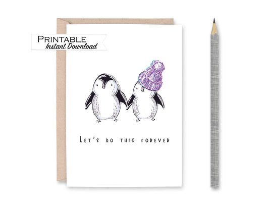 Let's do this Forever Love Card, Penguin Valentine Card, Anniversary Print at Home Card for Wife, Penguins Holding Hands, Card for Husband