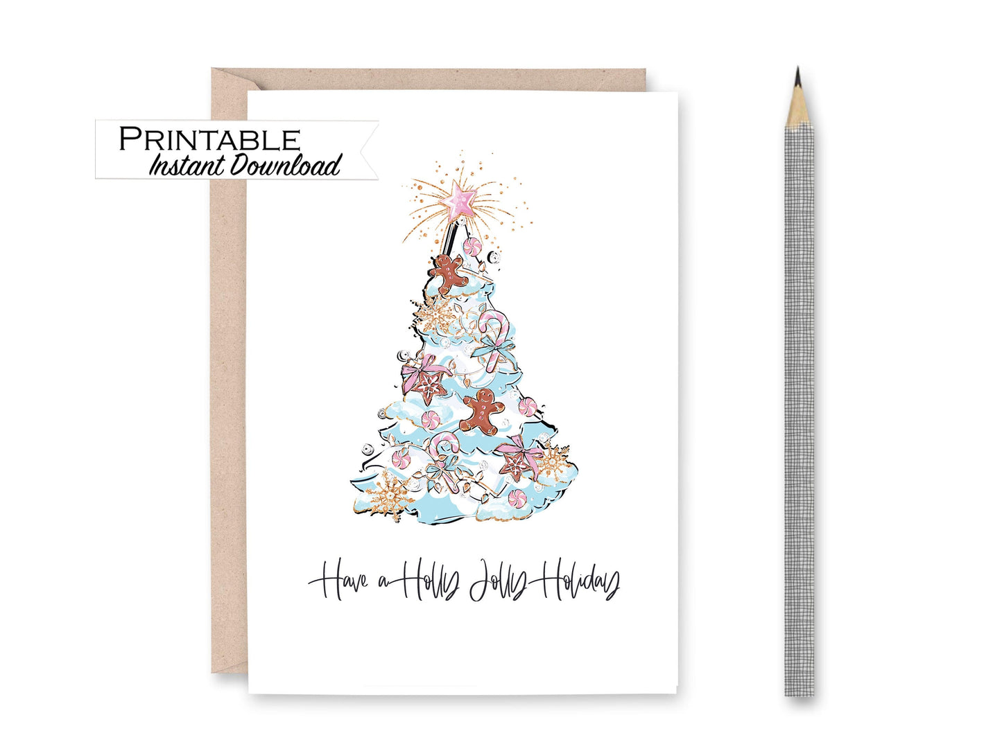 Have a Holly Jolly Holiday Card Printable, Whimsical Christmas Tree Card with Gingerbread Men, Candy-canes, Snowflakes, Blue Pink Christmas