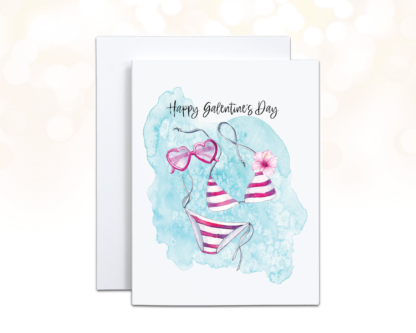 Happy Galentines Day Valentine Card for Best Friend, Bikini Fashion Illustration, Heart Glasses Friendship Card for Her, Personalized Card