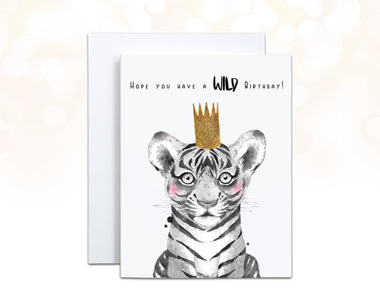 Tiger Wild One Birthday Card, Two Wild, Young Wild and Three, Year of the Tiger, Crown Cute Birthday Card, Tiger Card, Tiger Birthday Theme