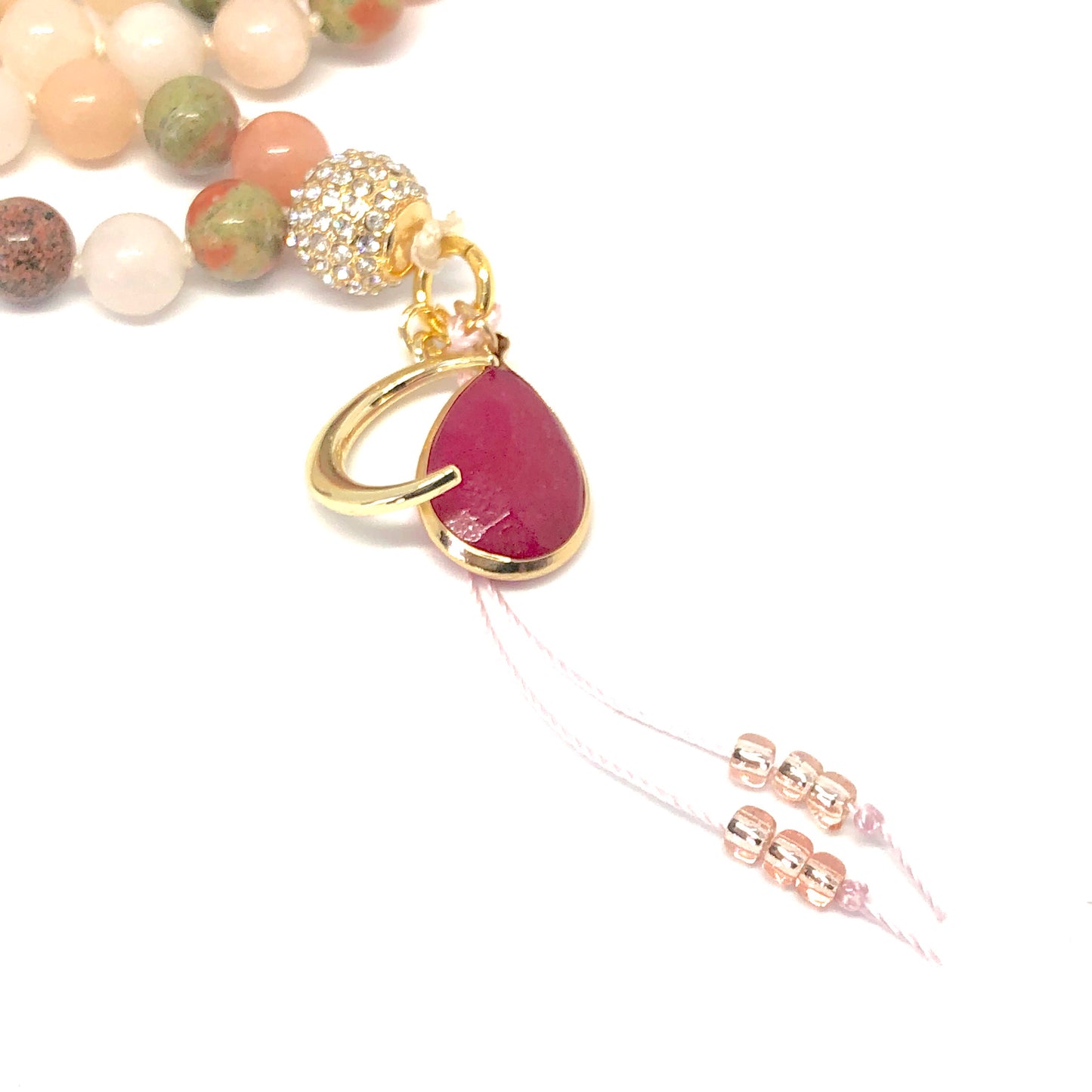 Pink Opal + Unakite 108 Bead Moon Mala Necklace