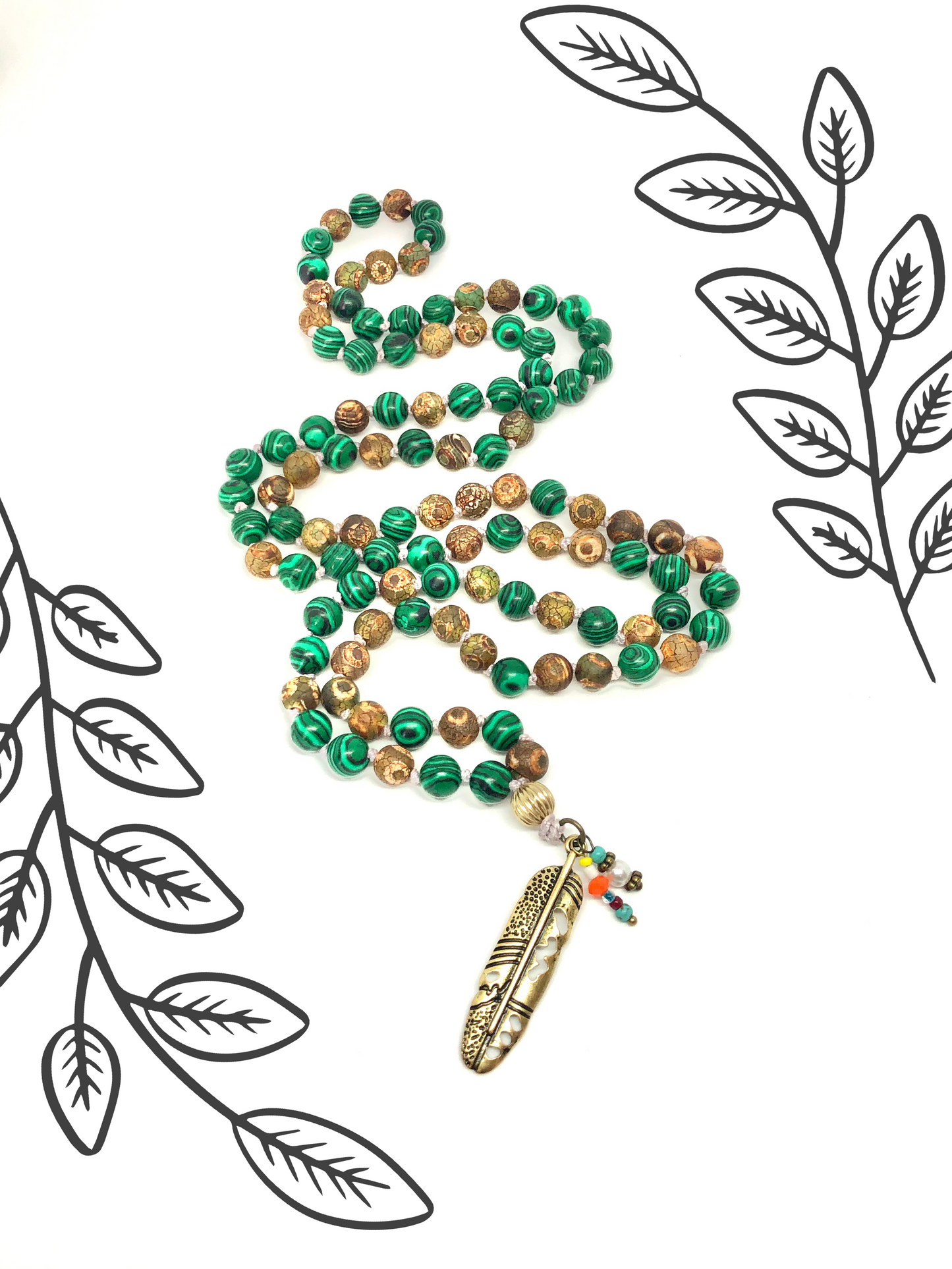 Malachite + Agate Feather Mala Necklace