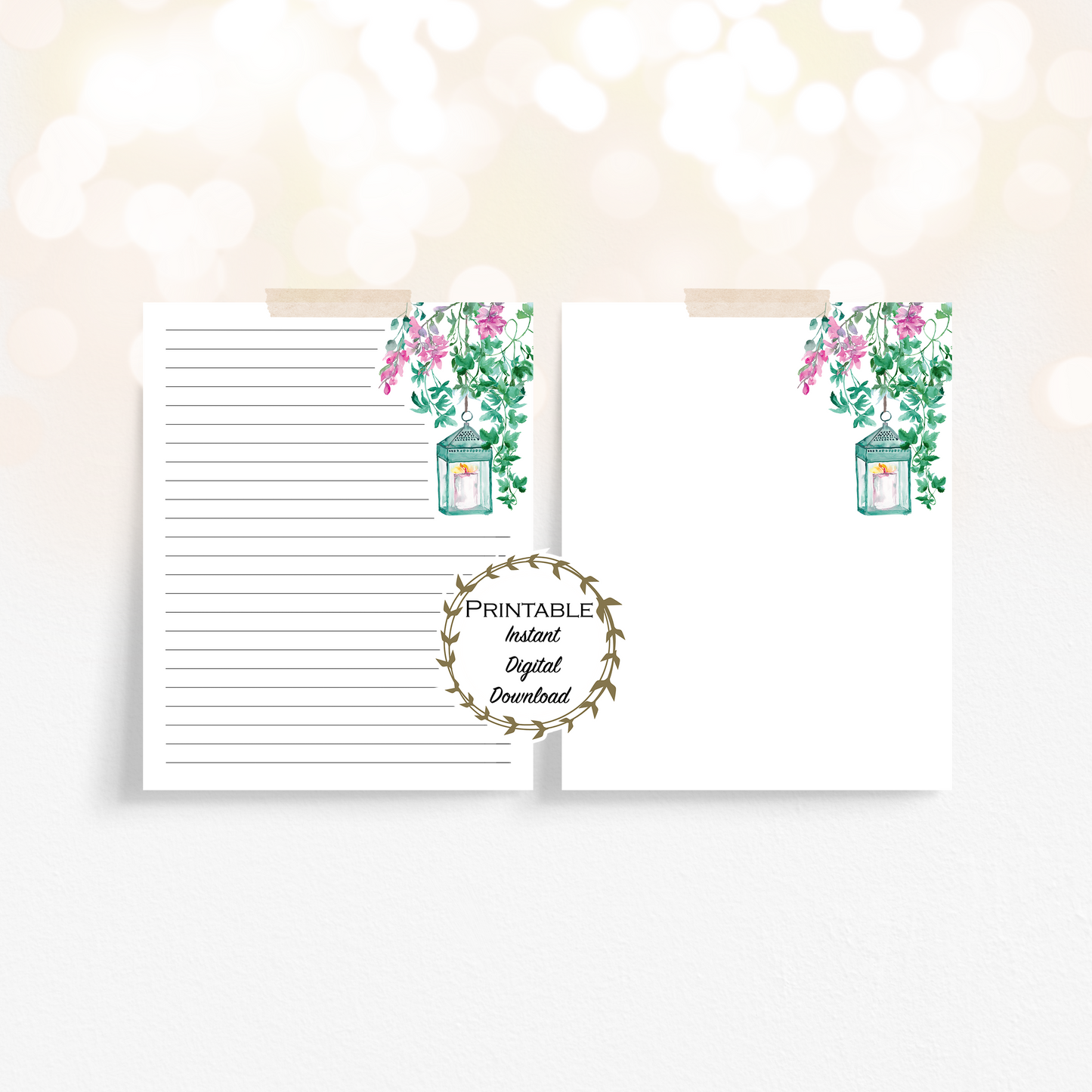 Floral Lantern Watercolor Stationary Set Printable - Digital Download