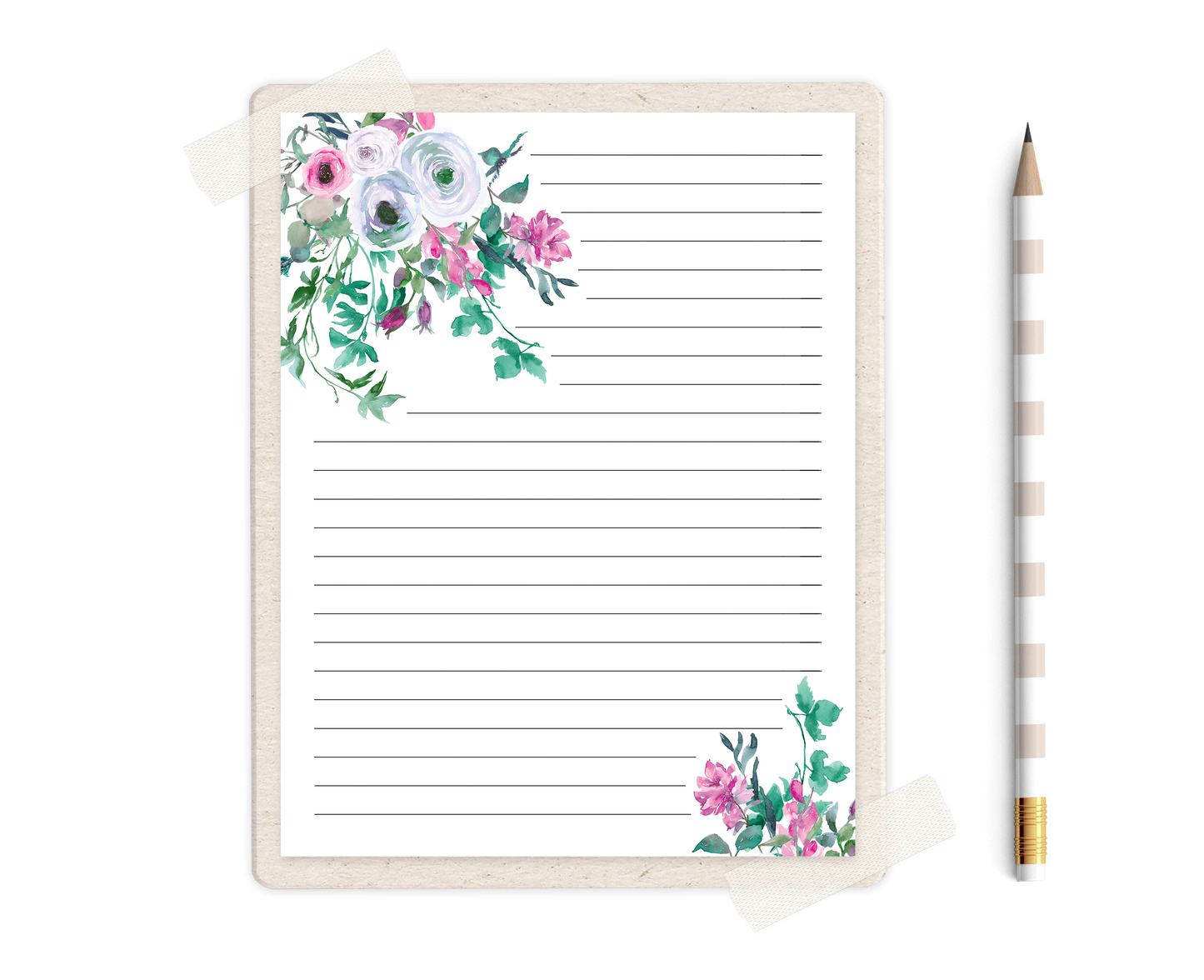 Floral Pink and Green Watercolor Stationery Set Printable - Digital Download
