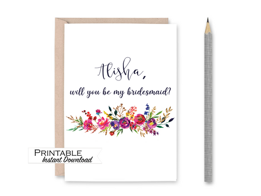 Personalized Floral Bridesmaid Card Printable - Digital Download