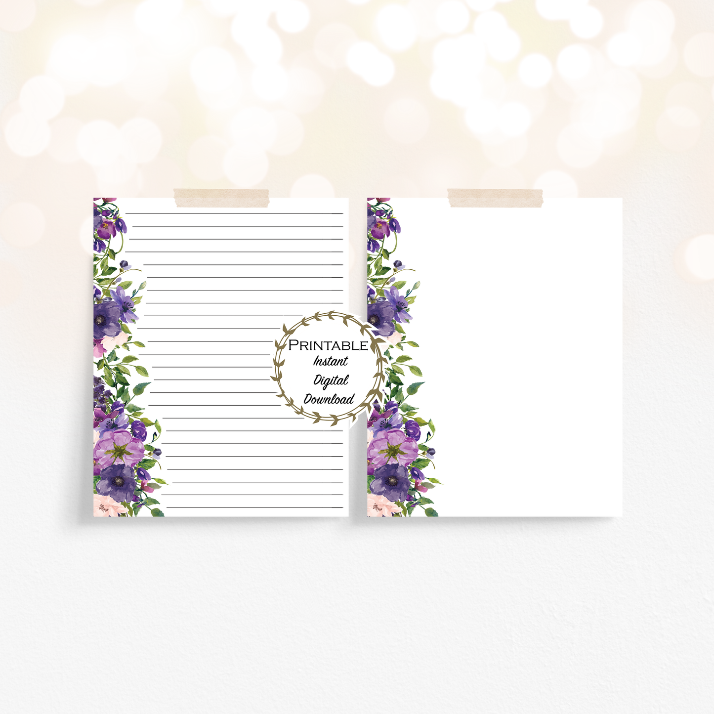 Purple Floral Lined Stationery Printable - Digital Download