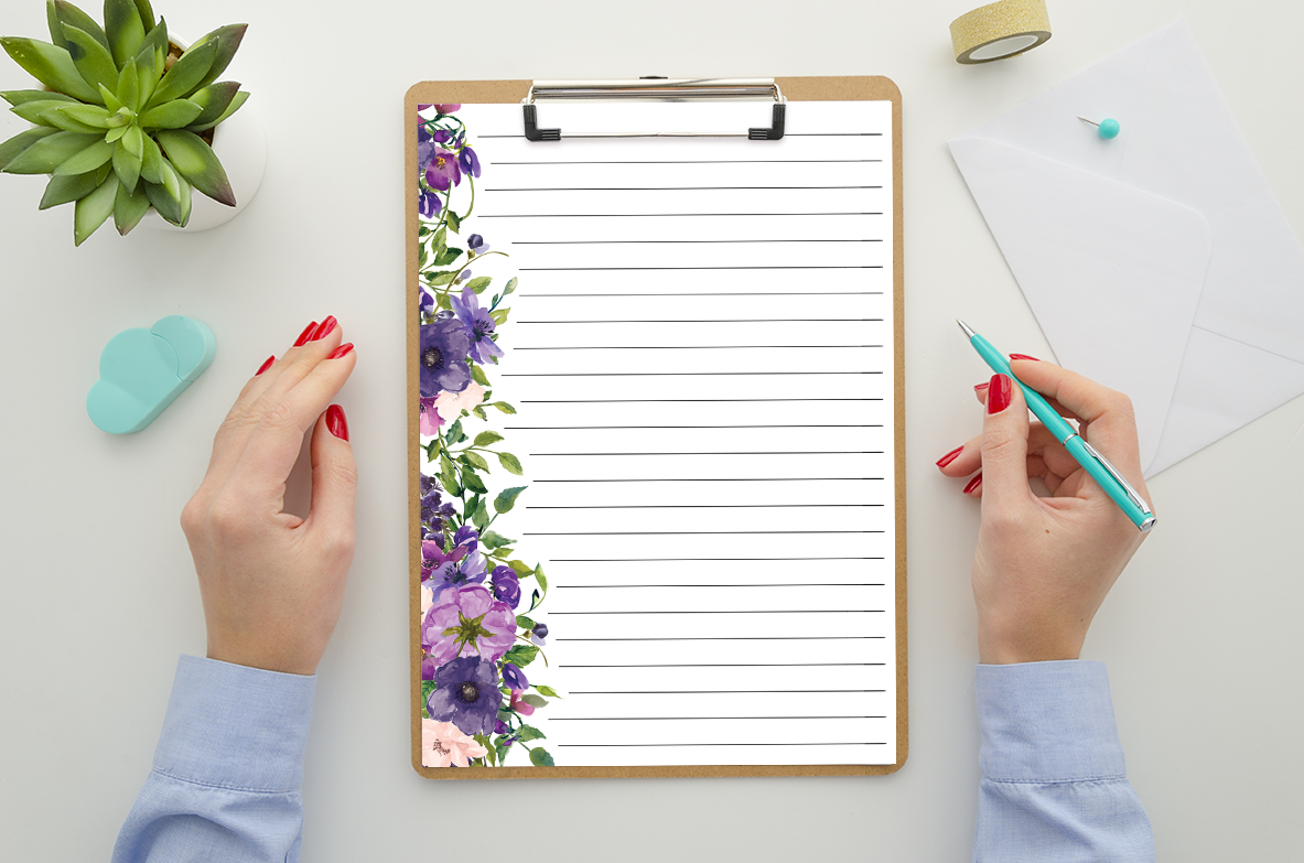 Purple Floral Lined Stationery Printable - Digital Download