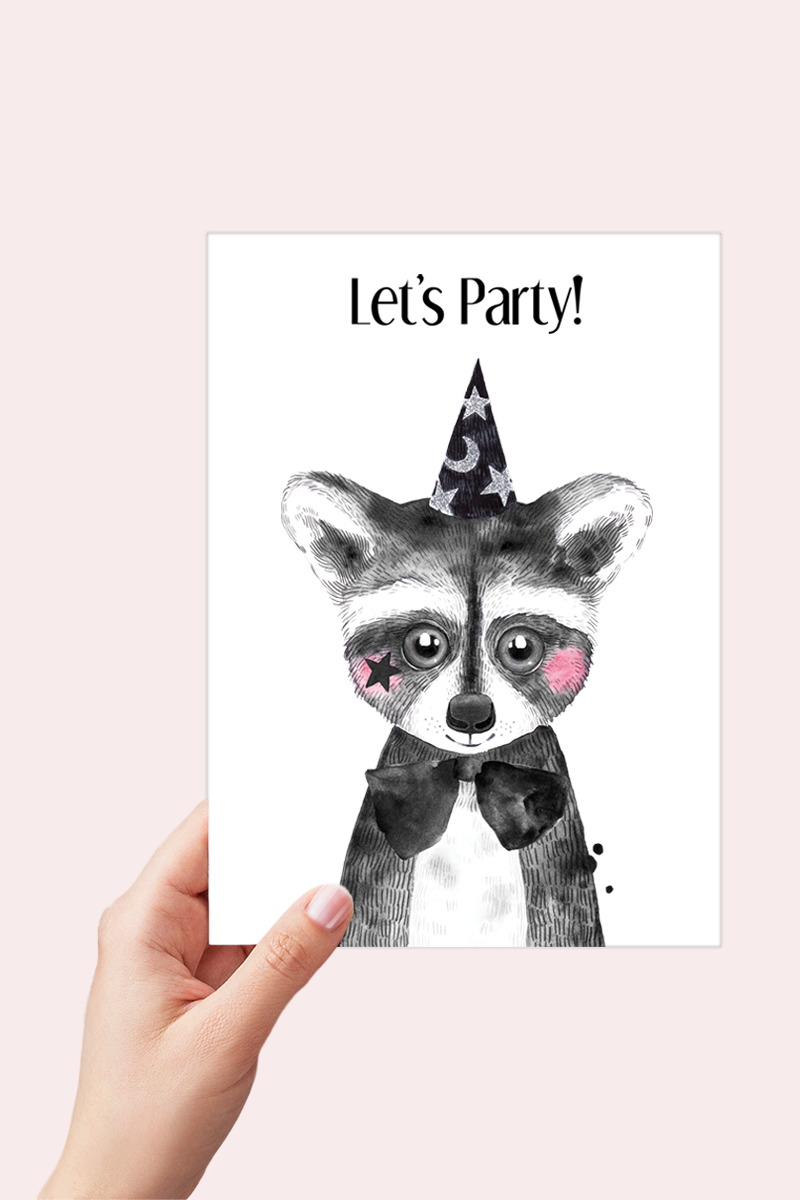 Lets Party Raccoon Birthday Card Printable - Digital Download