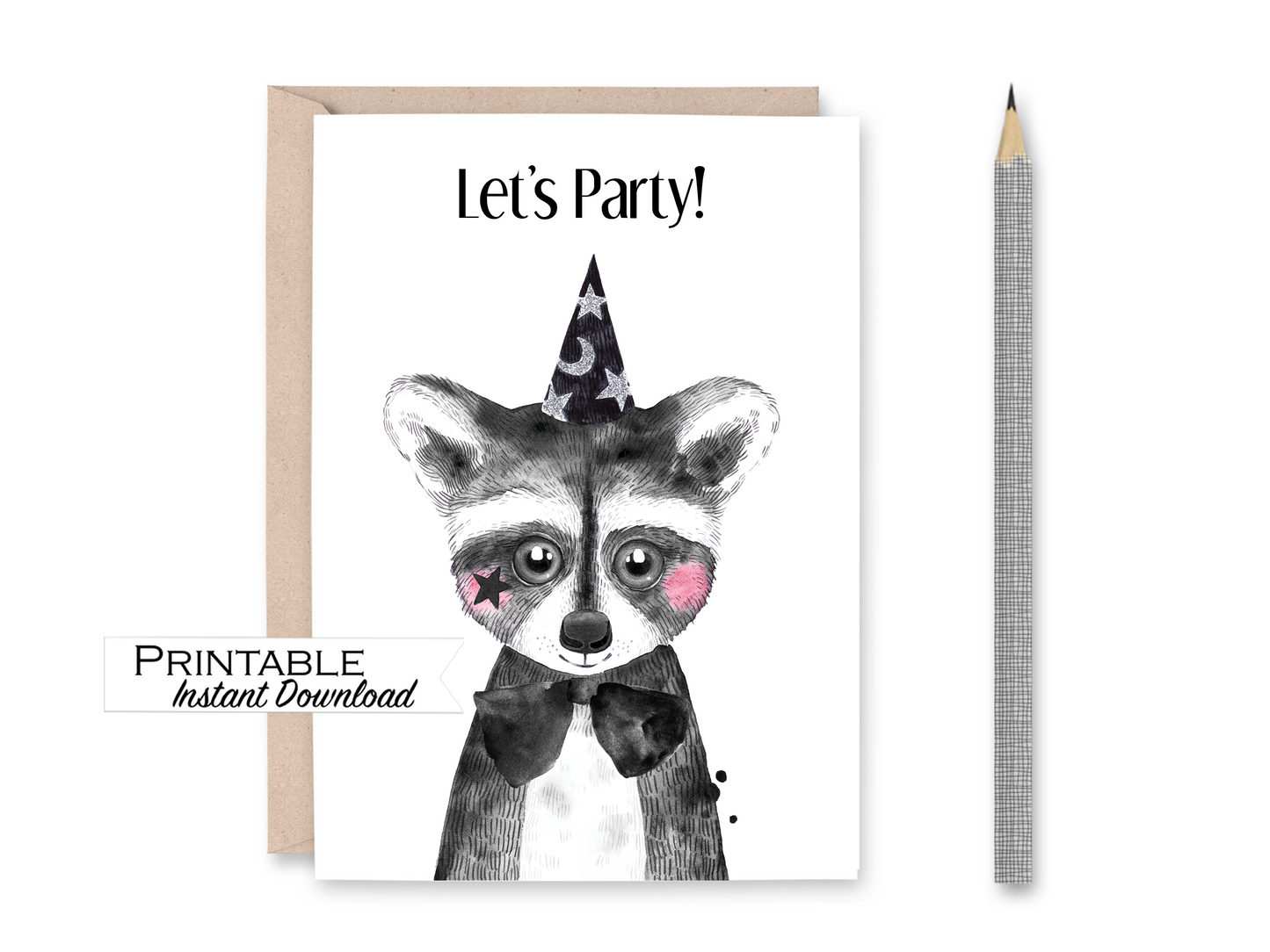 Lets Party Raccoon Birthday Card Printable - Digital Download