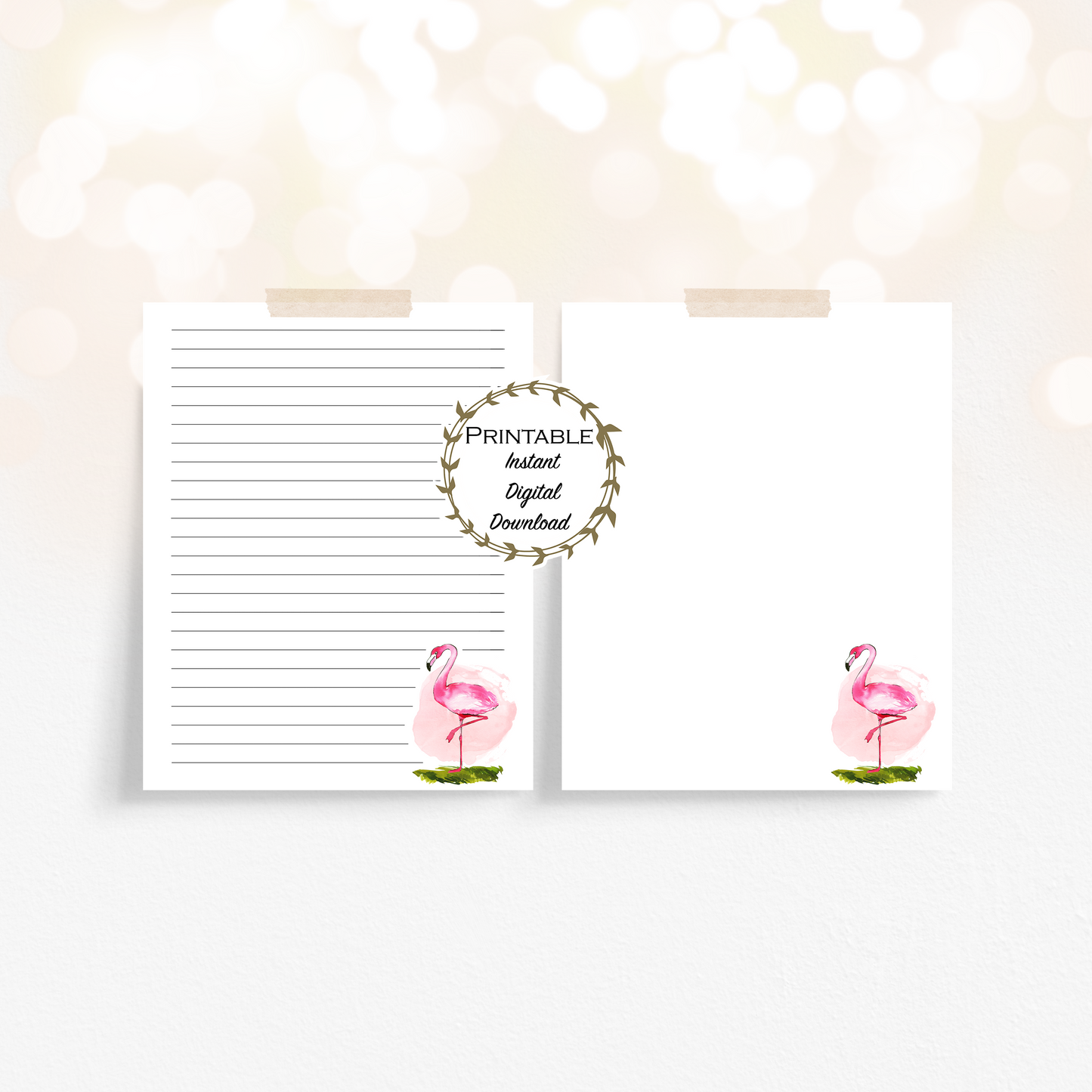 Watercolor Tropical Pink Flamingo Stationery Set Printable - Digital Download