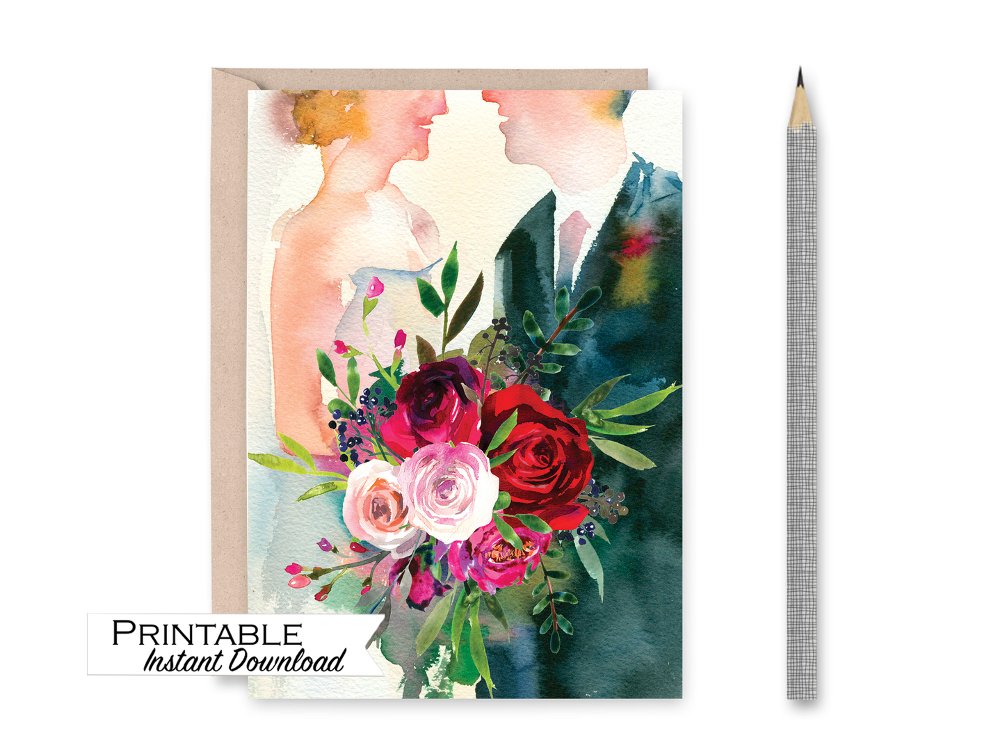 Bride and Groom Watercolor Wedding Card Printable - Digital Download