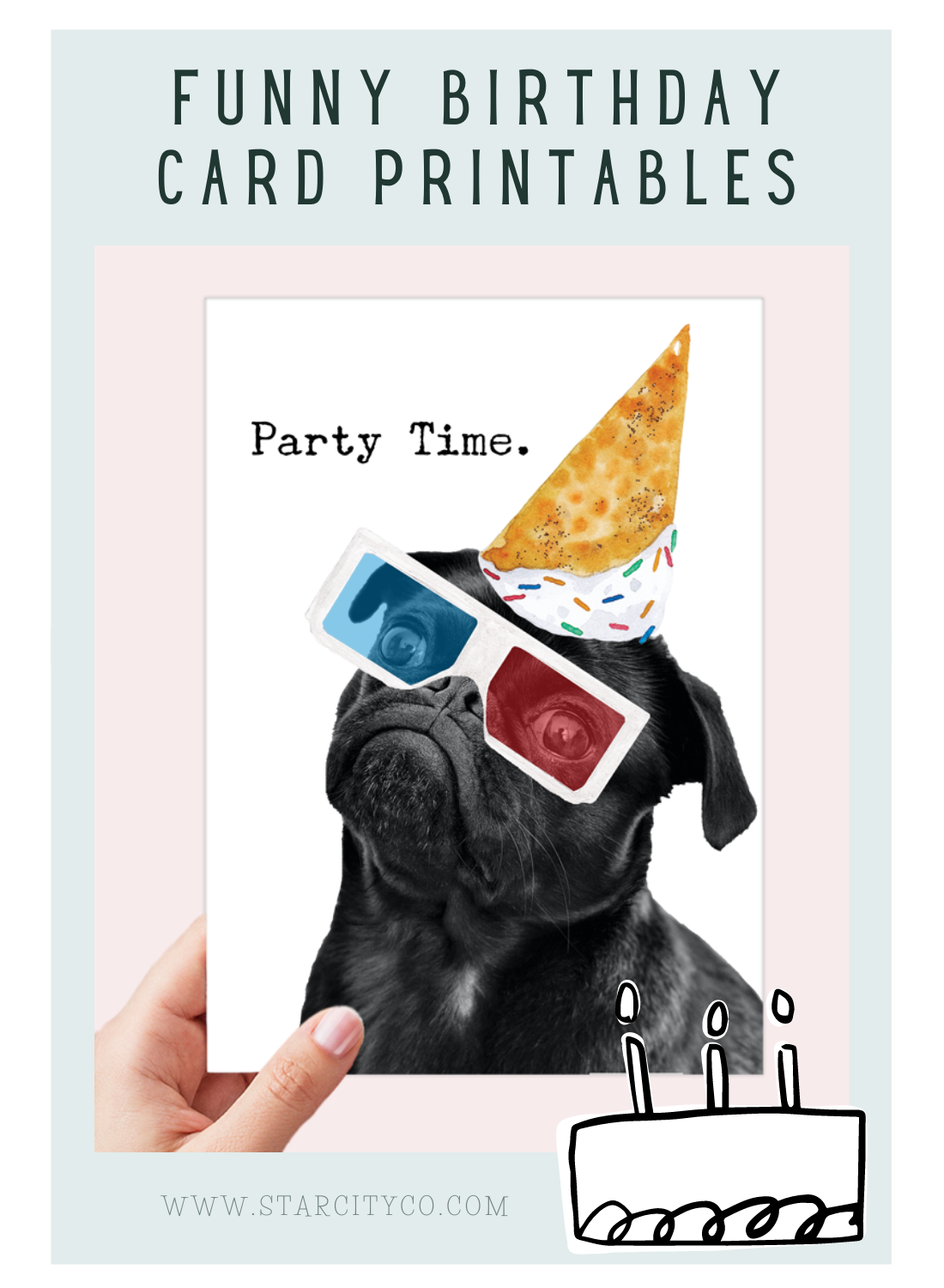 Pug Party Time Birthday Card Printable - Digital Download