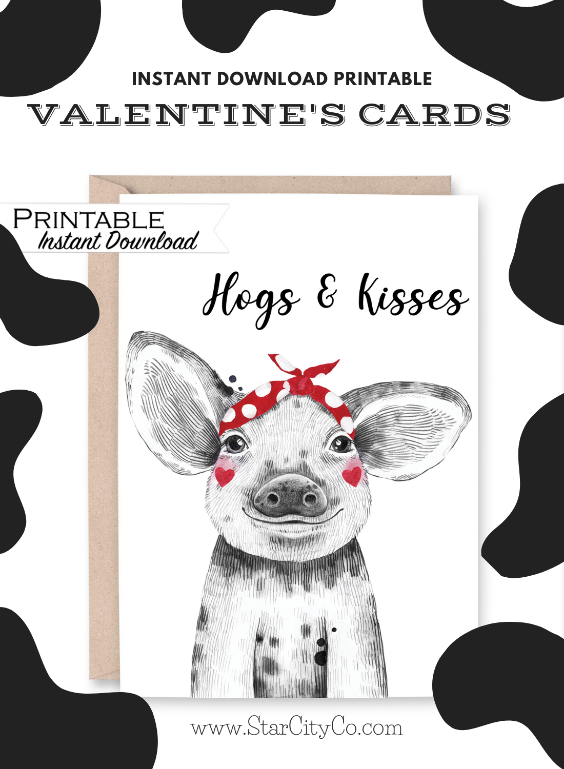 Hogs and Kisses Funny Pig Anniversary Card Printable - Digital Download